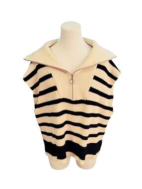 Blank NYC Cream And Black Striped Chunky Knit Sweater With Silver Zipper Size L